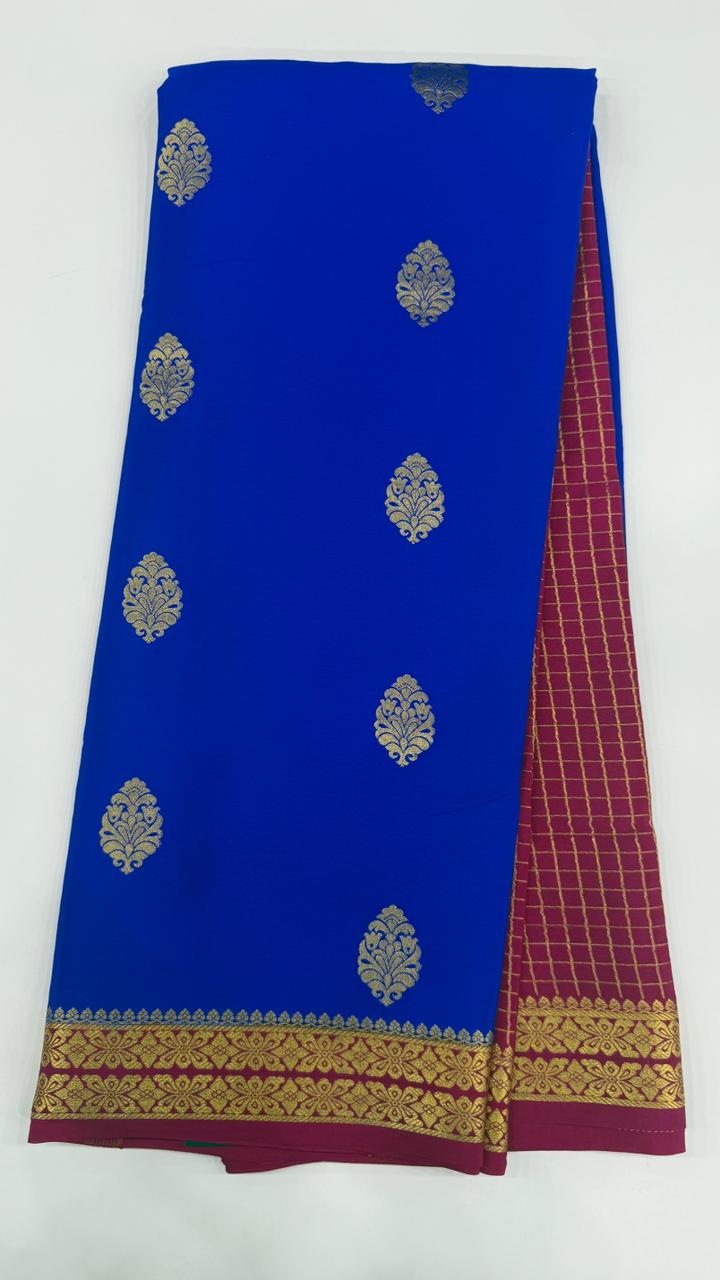 Royal Blue Big Butta Pure Mysore Silk Crepe Saree 01
