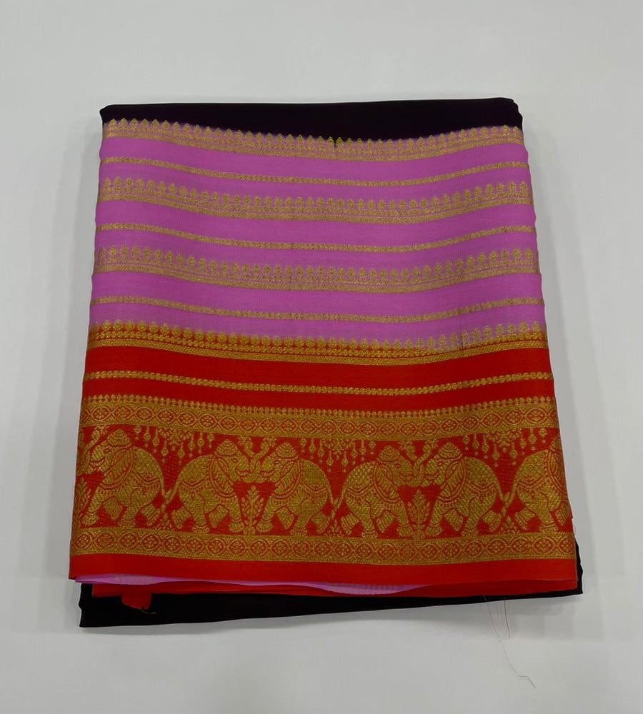 Coffee Brown n Pink 3D Pure Mysore Silk Elephant Border Crepe Saree 01