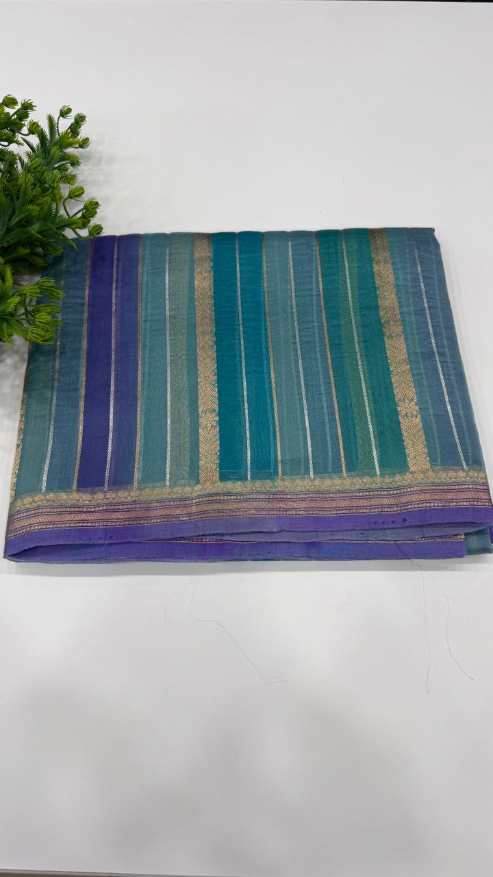 Blue Pure Rangkart Kora Stripes Organza saree 02