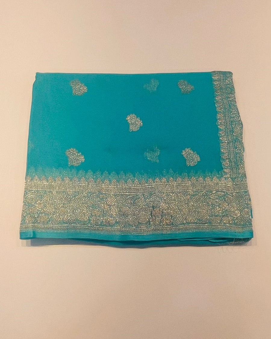Sky Blue With Silver Zari Pure Khaddi Chiffon