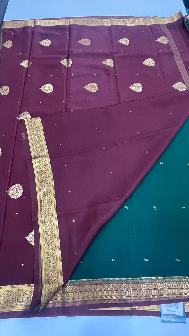 Bottle Green n Brown Pure Mysore Silk Crepe Saree 01
