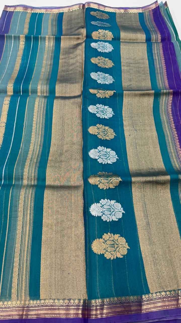 Blue Pure Rangkart Kora Stripes Organza saree 02