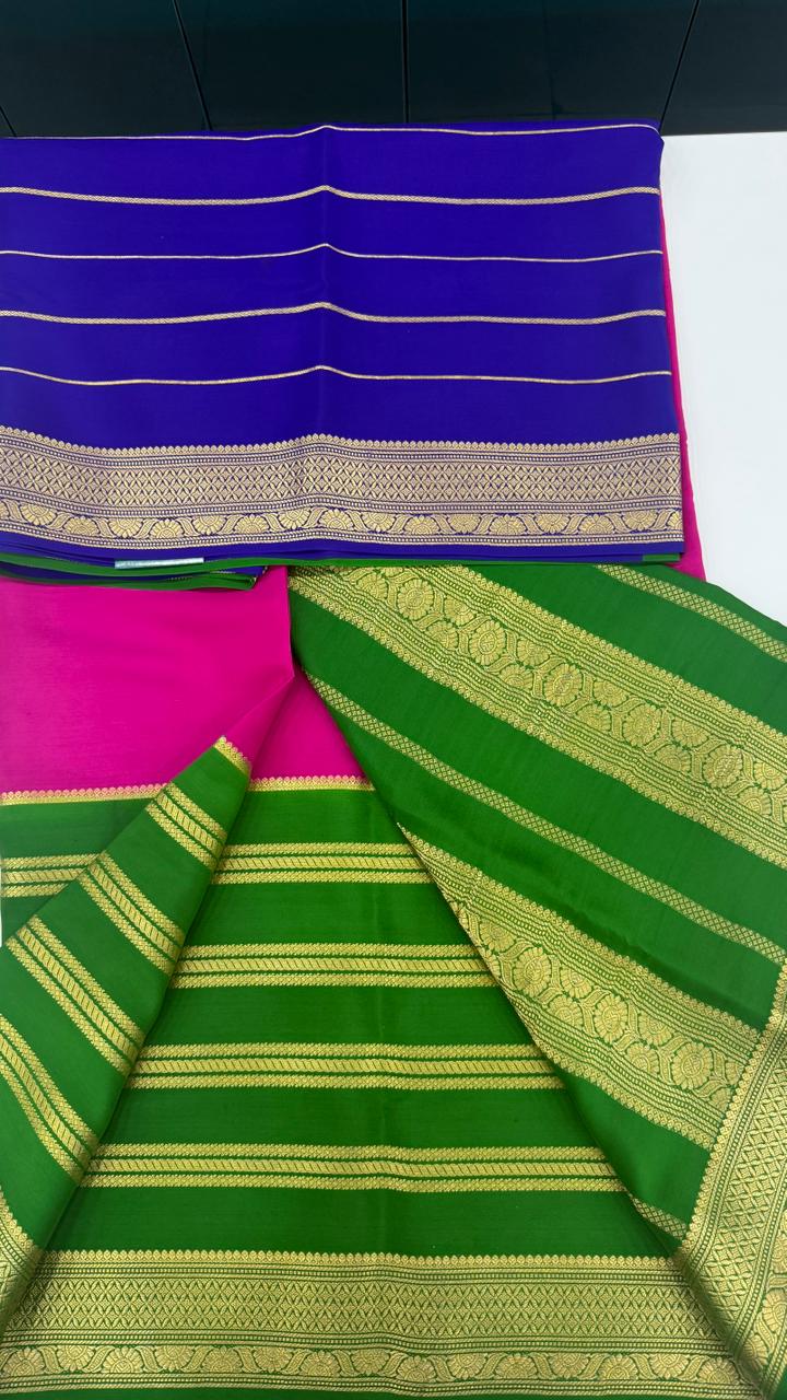 Pink 3D Stripes Pure Mysore Silk Crape Saree 01