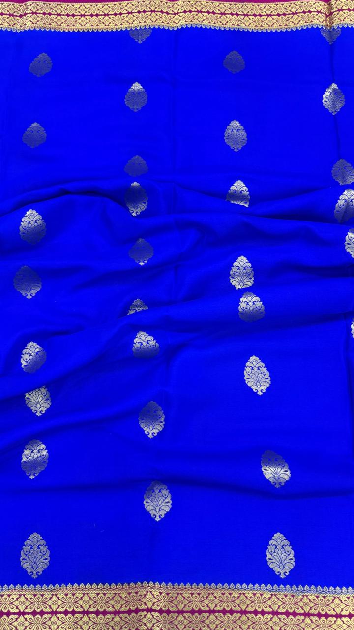 Royal Blue Big Butta Pure Mysore Silk Crepe Saree 01
