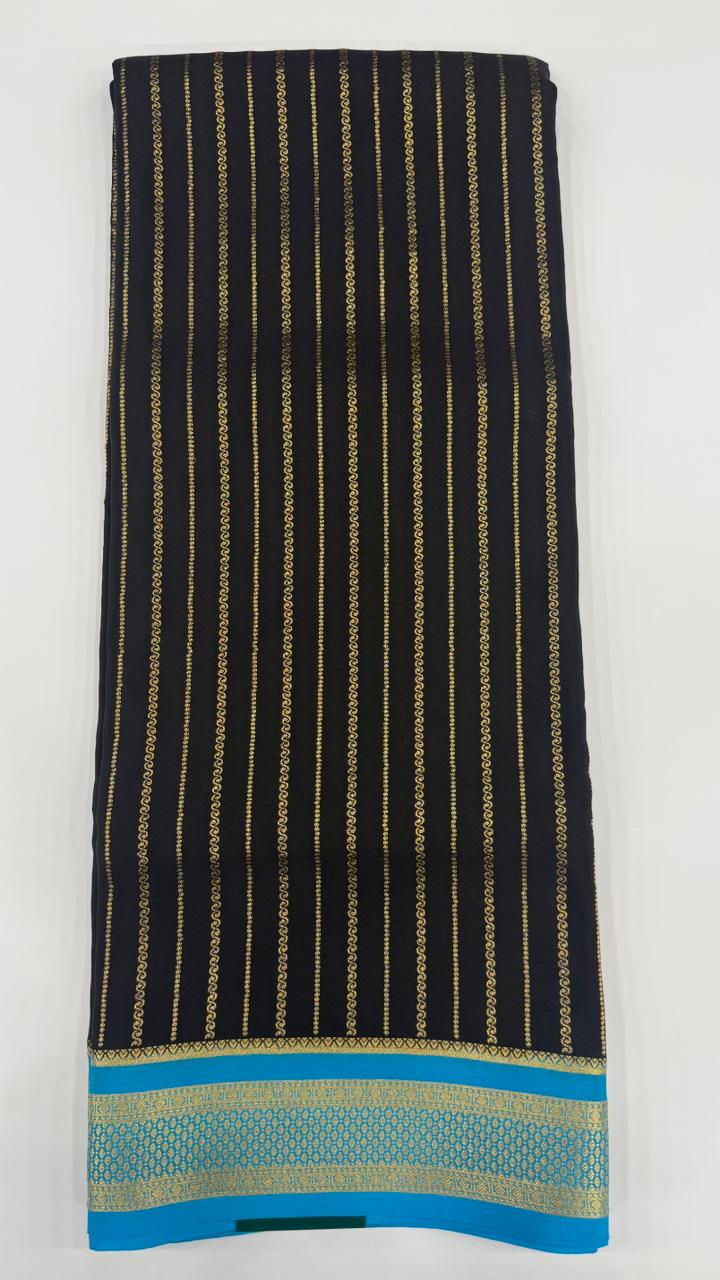 Black Stripes Pure Mysore Silk Crape Saree 01