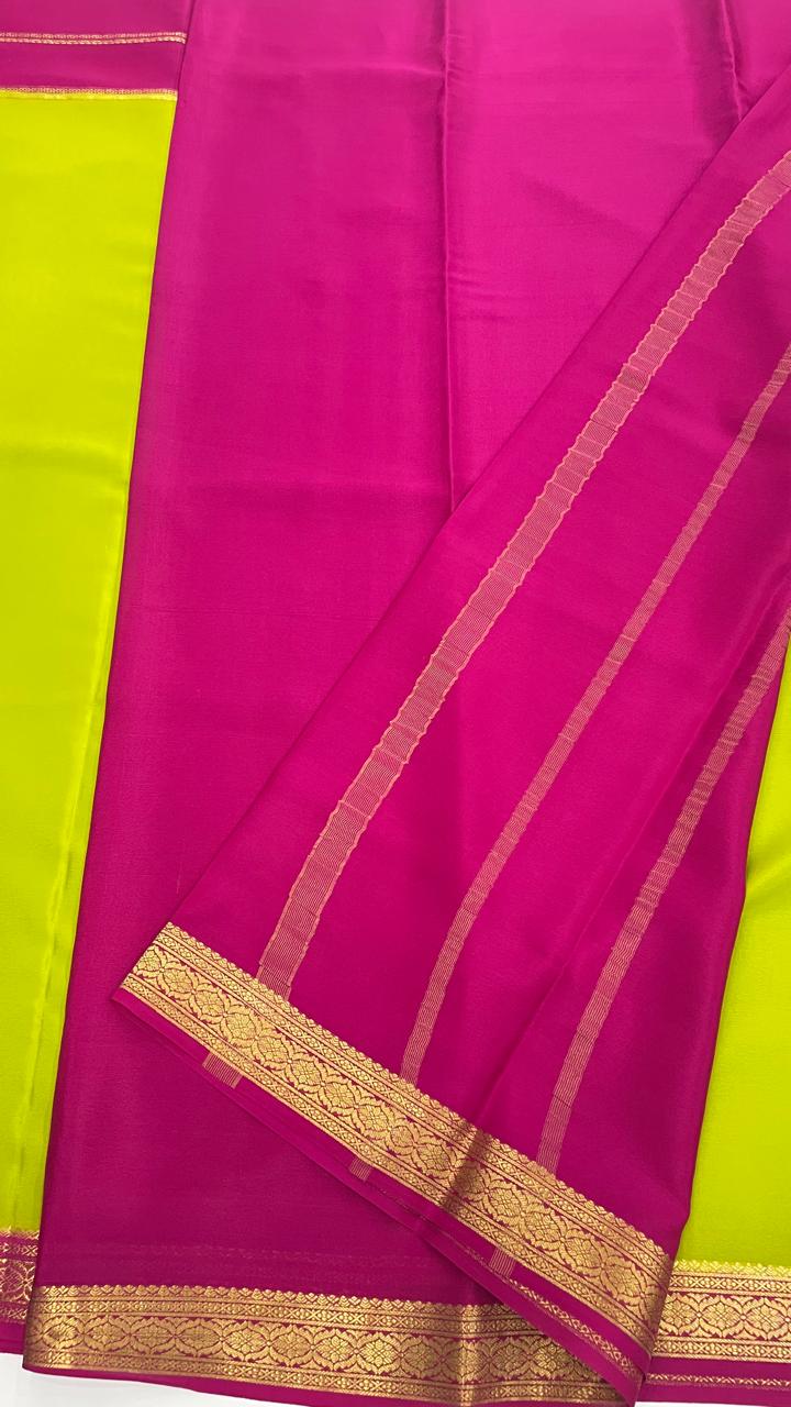 Parrot Green n Pink Pure Mysore Silk Crepe Saree 01