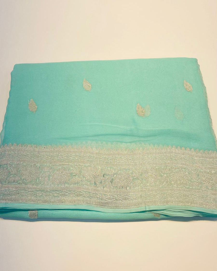 Sky Blue With Silver Zari Pure Khaddi Chiffon
