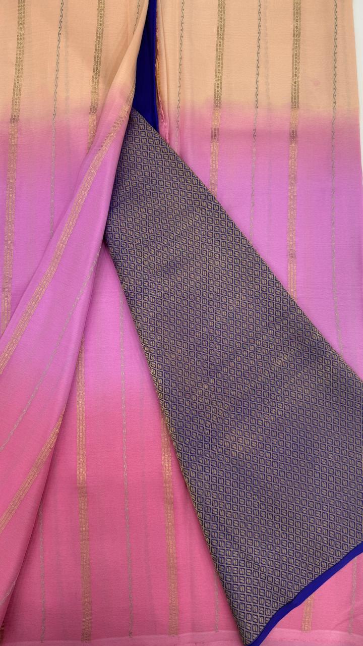 Pink 3D Stripes Pure Mysore Silk Crepe Saree 01