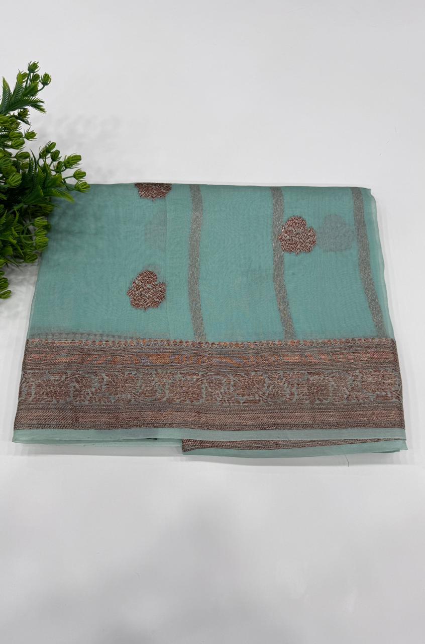 Sky Blue Pure Kora Organza Antique saree 02
