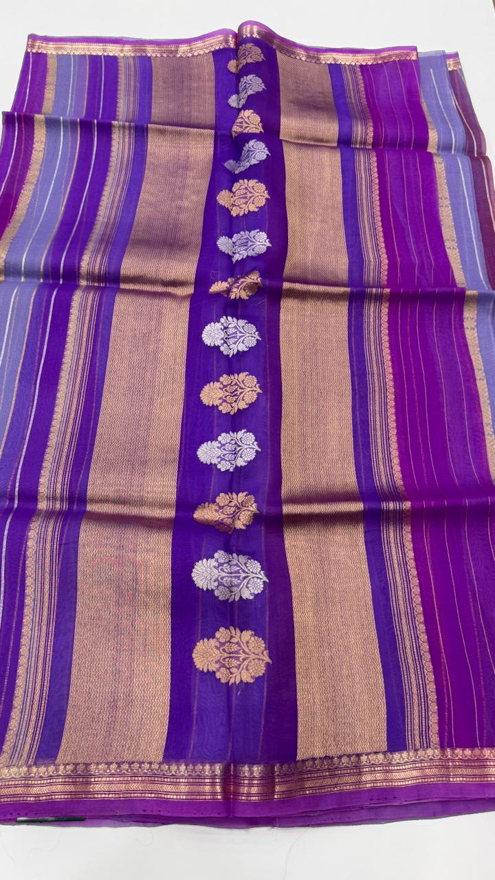 Purple Pure Rangkart Kora Stripes Organza saree 02